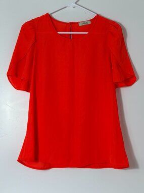April USA Bright Red Short Sleeve Blouse Top with Back Keyhole Medium